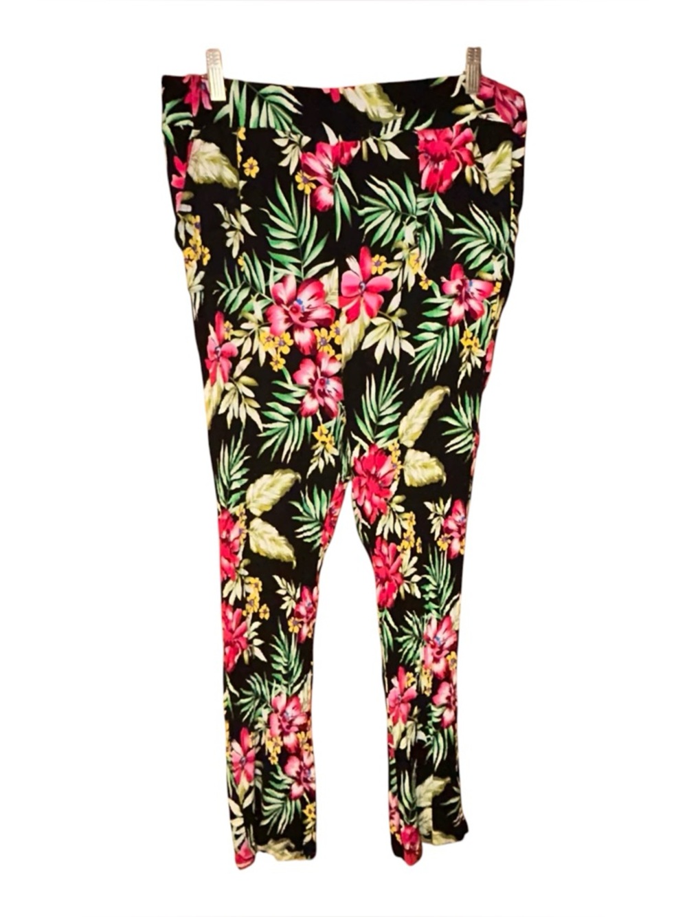Signature Collection Hawaiian Floral Leggings Large Black Multi‎ Rayon Stretch